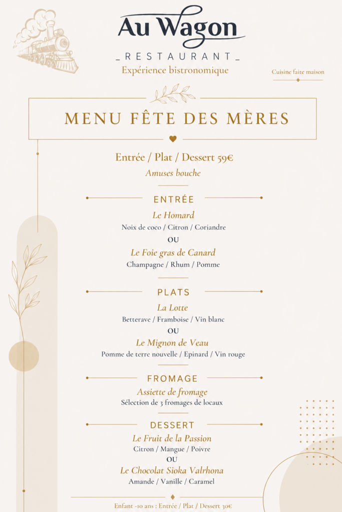 Menu fête des mères du restaurant Au Wagon à Vernosc les Annonay